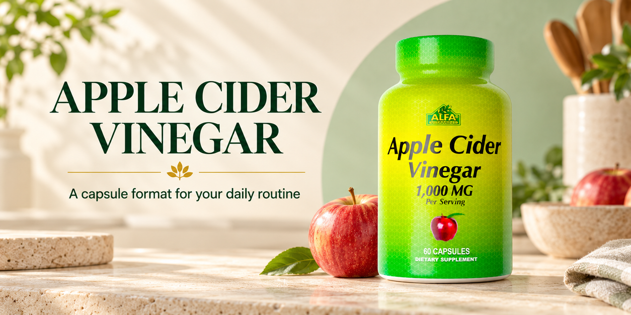 Alfa Vitamins Apple Cider Vinegar bottle on a sunlit cream counter