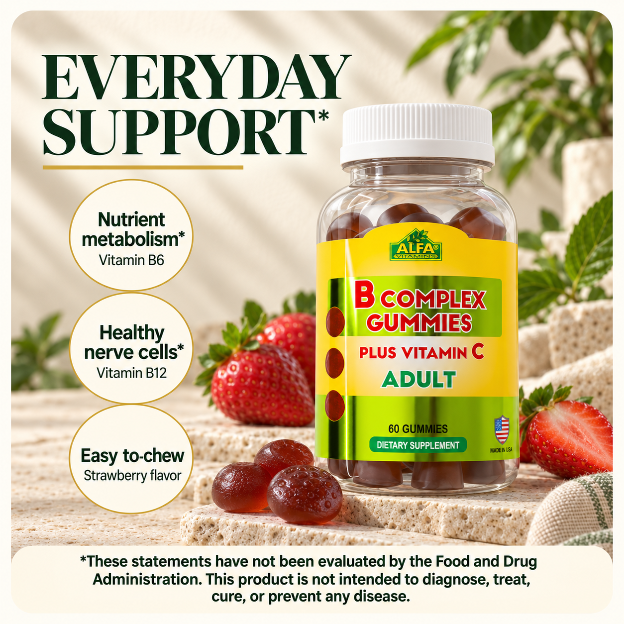 Vitamin B6 nutrient metabolism and vitamin B12 healthy nerve support, with disclaimer.