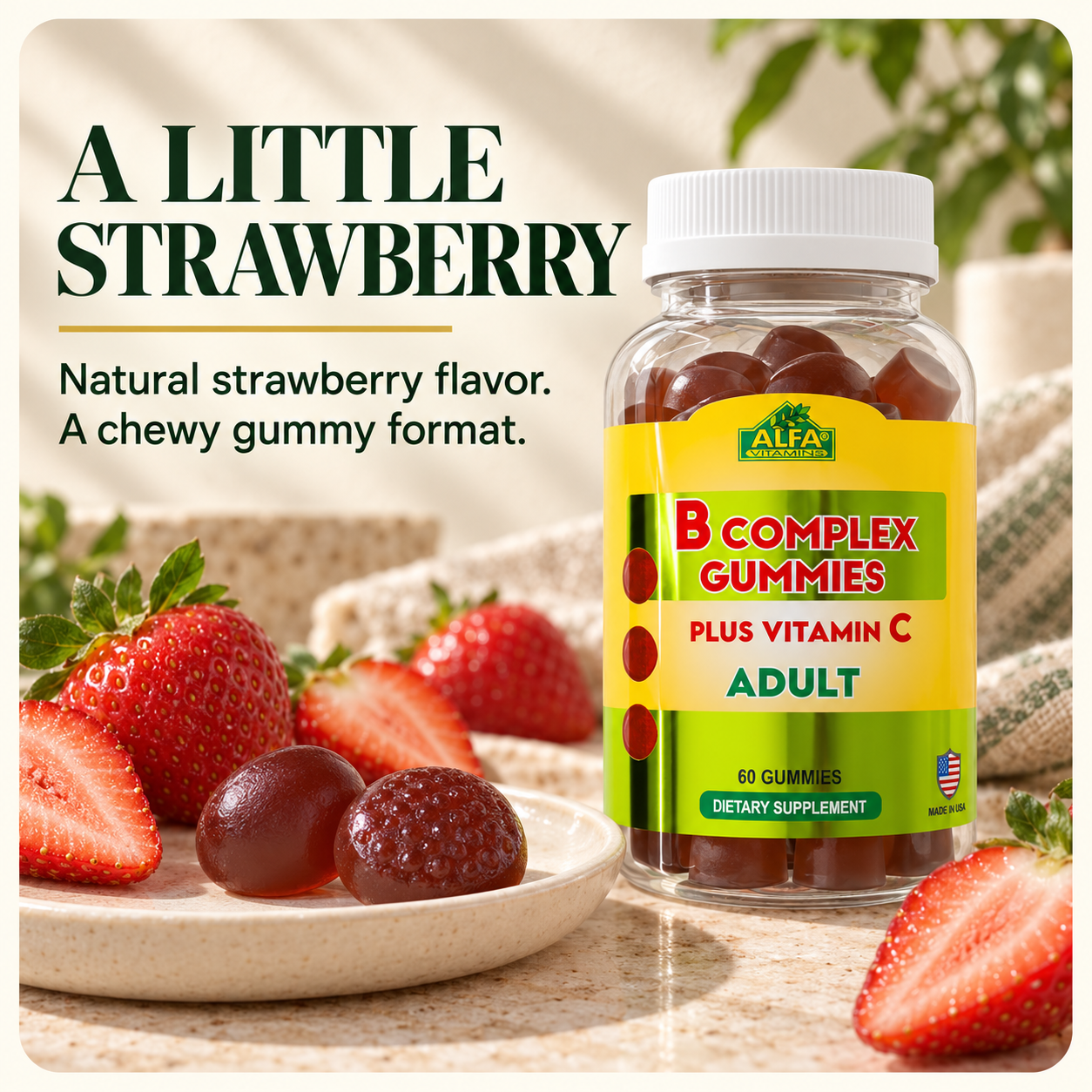 Strawberry flavor and the actual round gummy shape.