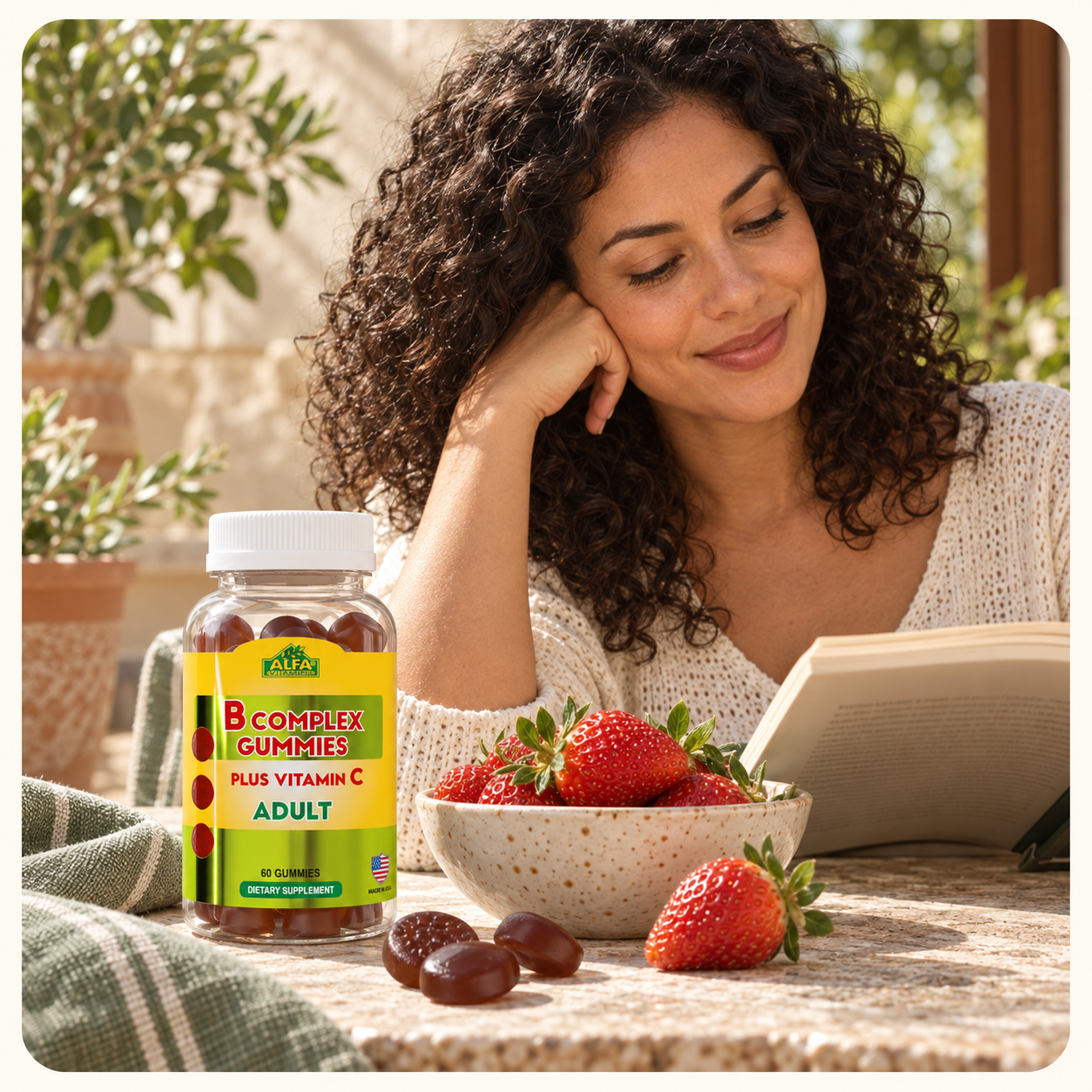 An adult reading beside B Complex Gummies and strawberries.