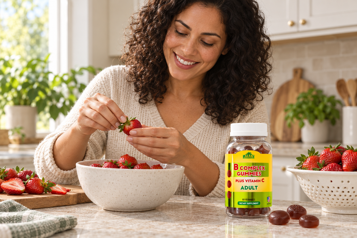 An adult preparing strawberries with B Complex Gummies nearby.