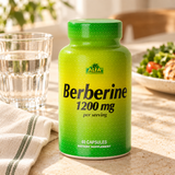 Alfa Berberine beside water and lunch on a cream tabletop