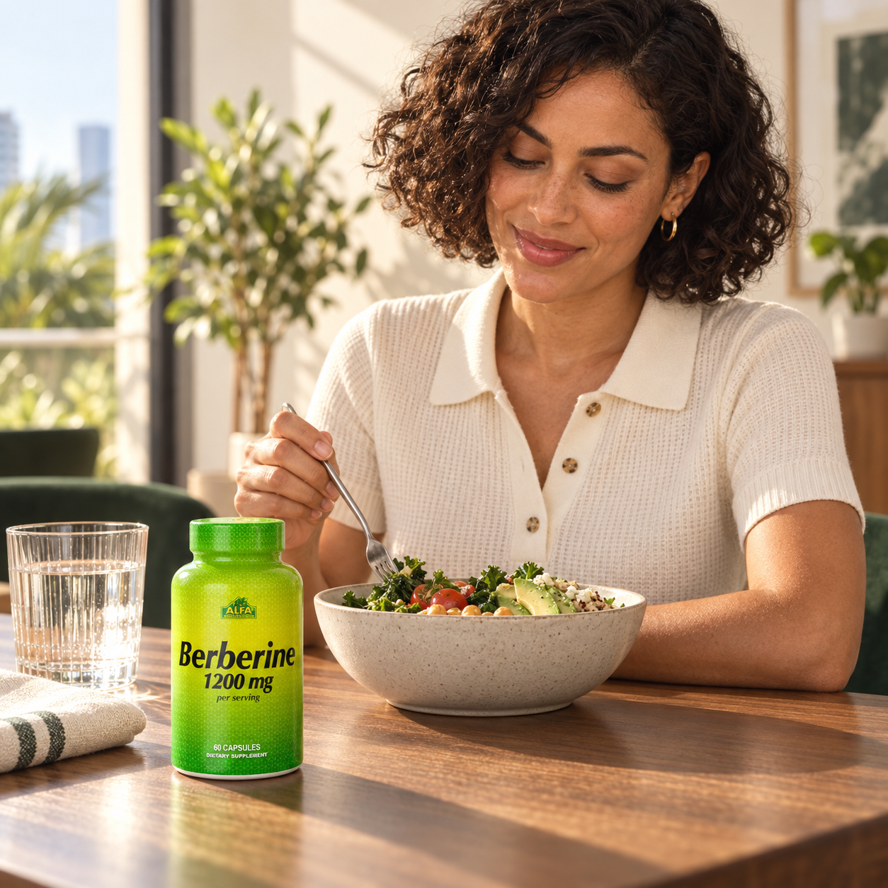 Alfa Berberine beside a woman's lunch in a sunlit dining room