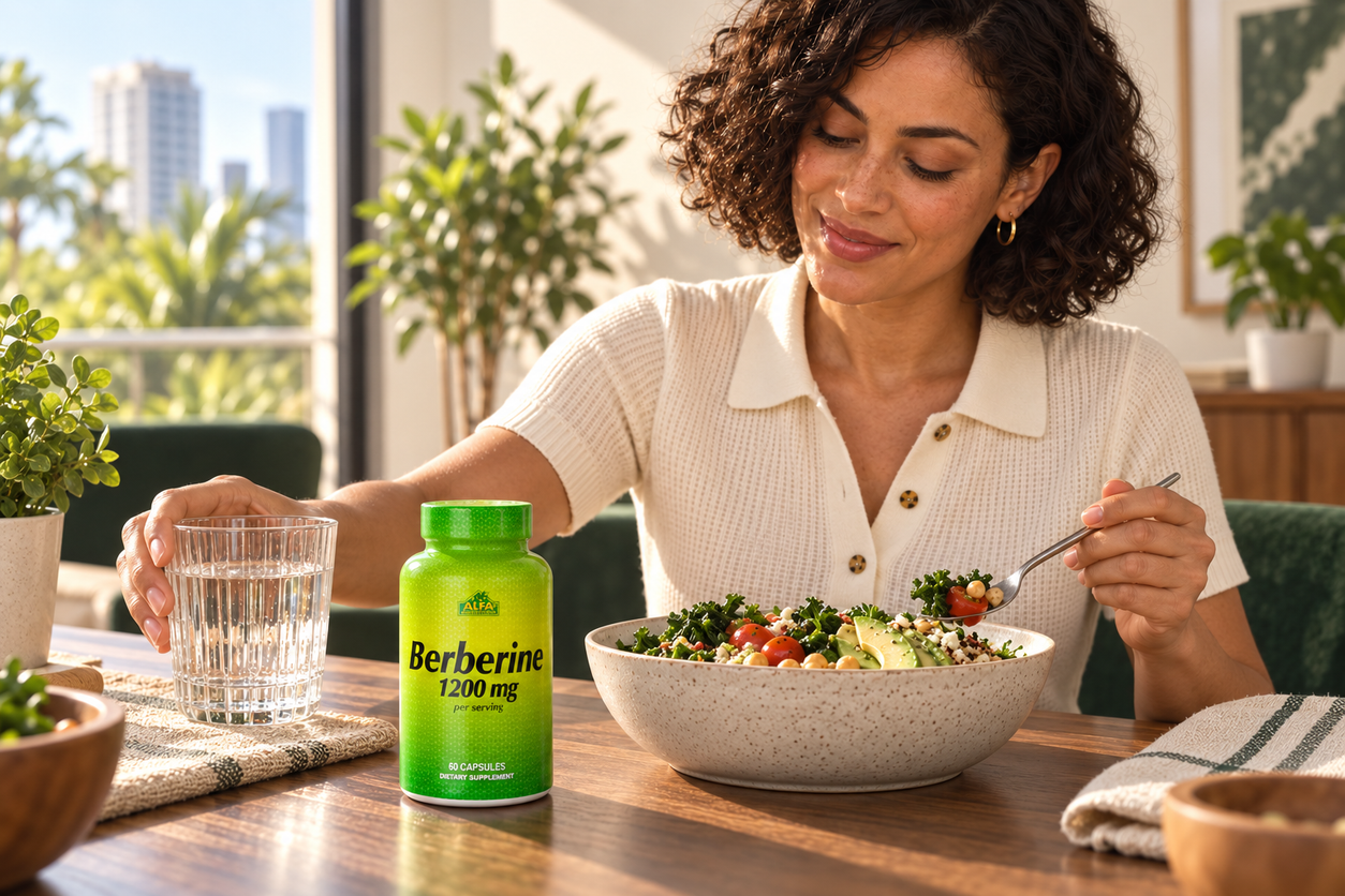 A woman enjoying lunch with Alfa Berberine on the dining table