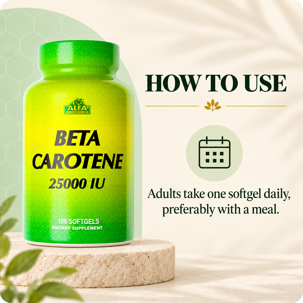 Beta Carotene directions: adults take one softgel daily, preferably with a meal.