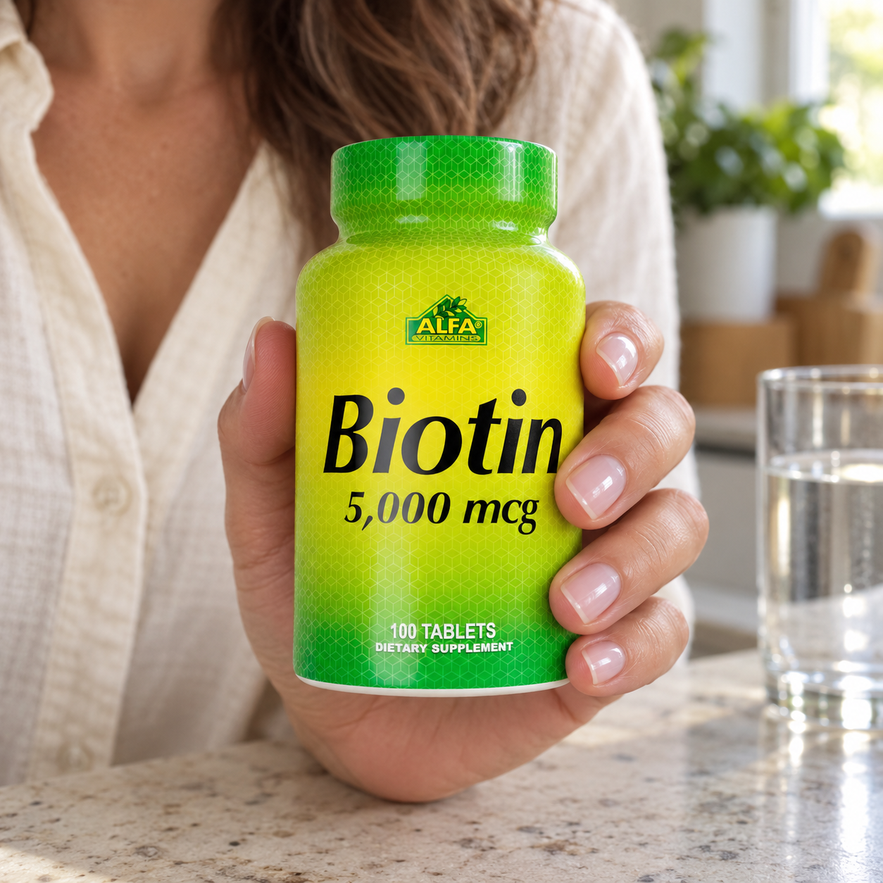 An adult hand holding the Alfa Biotin bottle at a kitchen counter