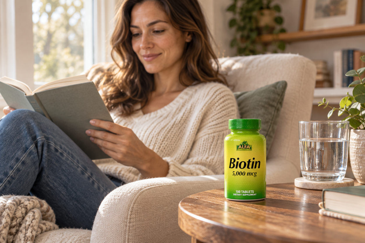 An adult woman reading at home with Alfa Biotin on the side table