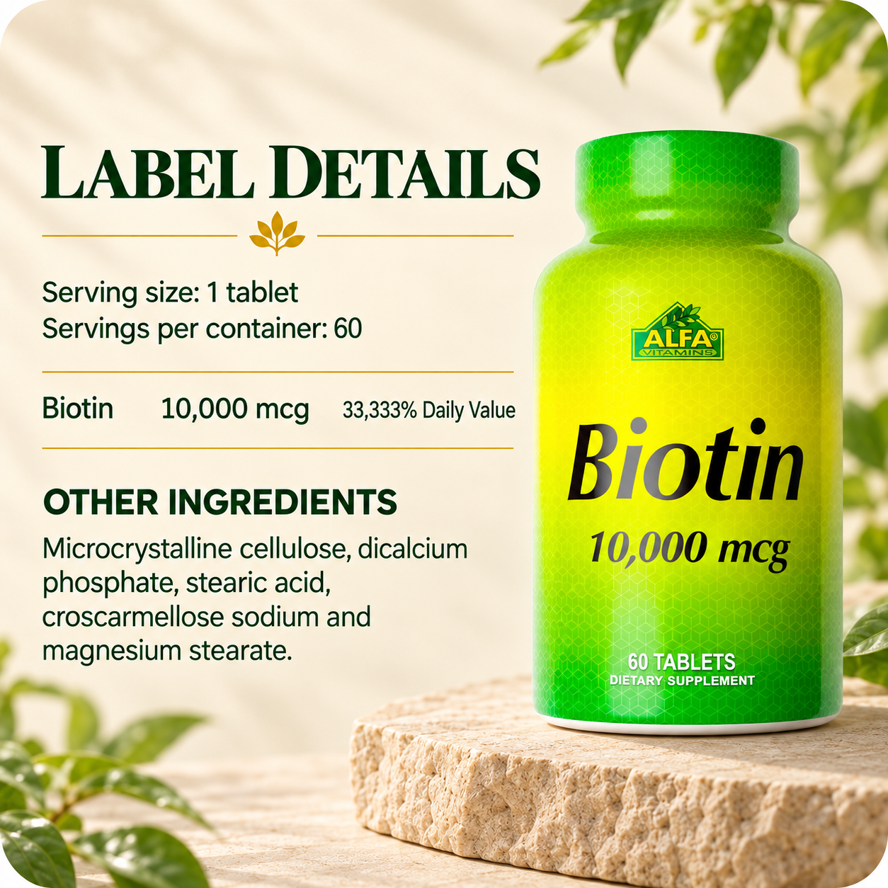 Existing Biotin 10,000 mcg label-details panel with serving information and other ingredients.