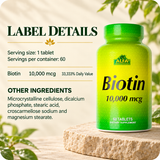 Existing Biotin 10,000 mcg label-details panel with serving information and other ingredients.