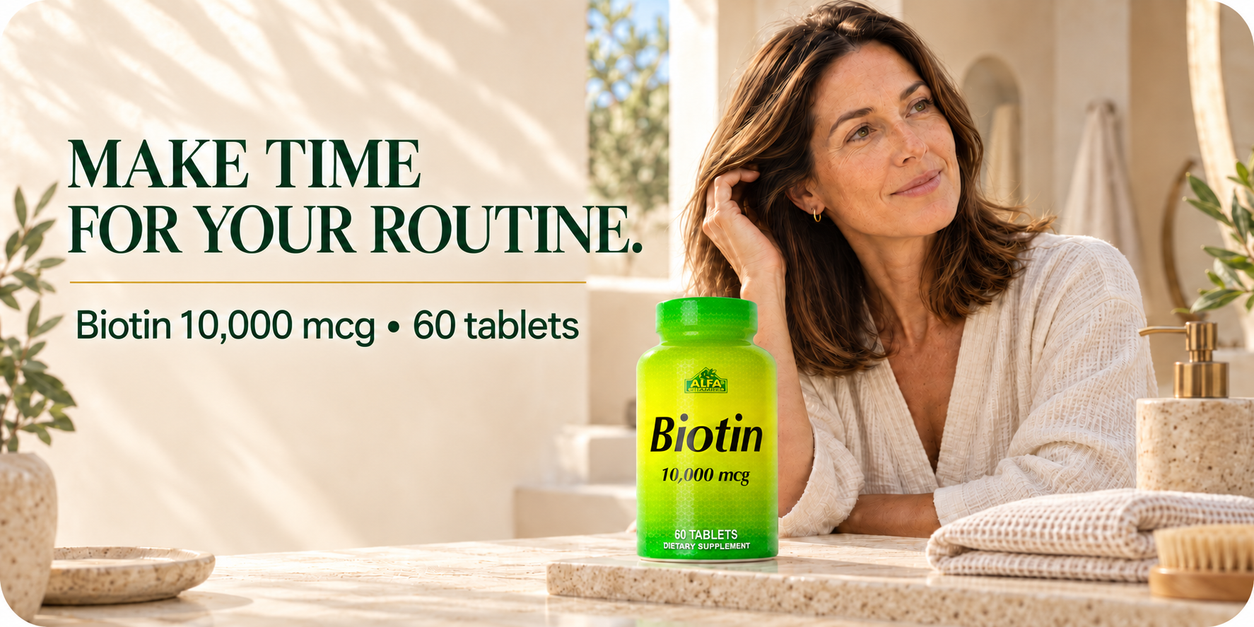 Biotin 10,000 mcg and 60-tablet bottle in a daily care setting