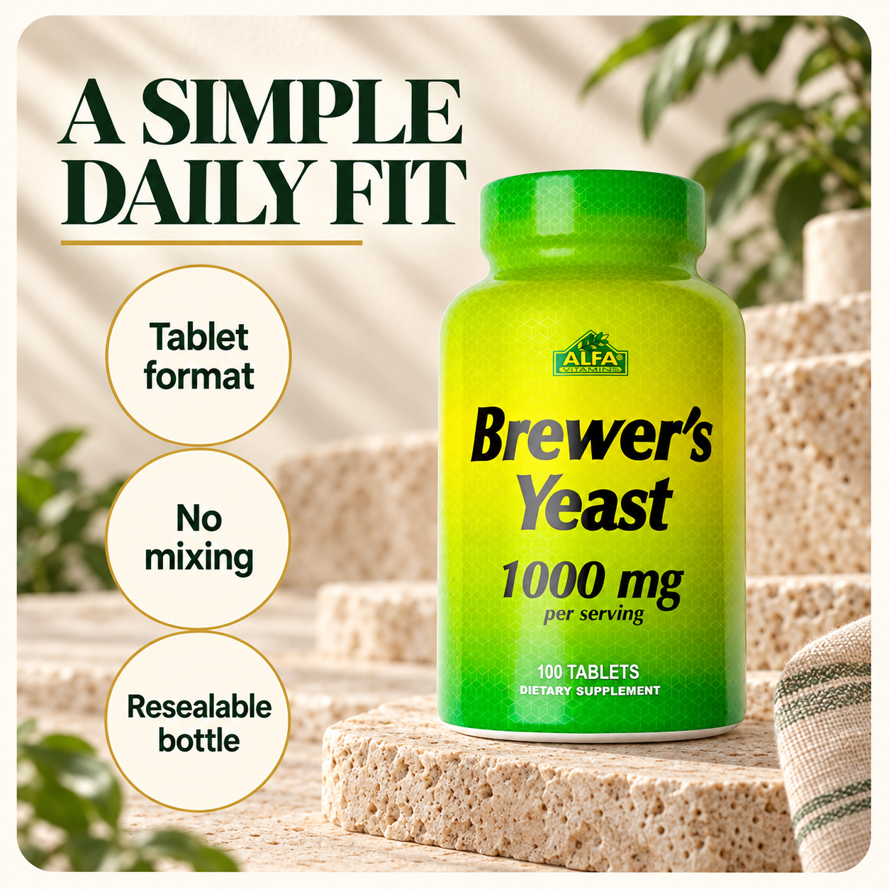 Tablet format, no mixing and resealable bottle.