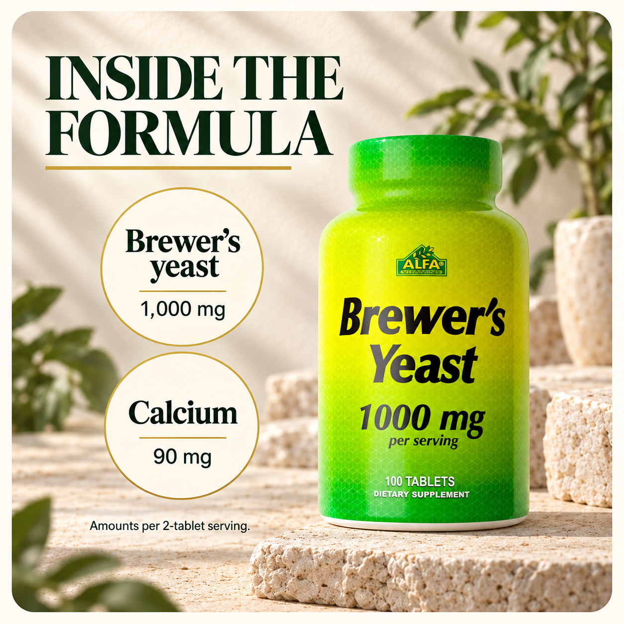 1,000 mg brewer’s yeast and 90 mg calcium per two-tablet serving.