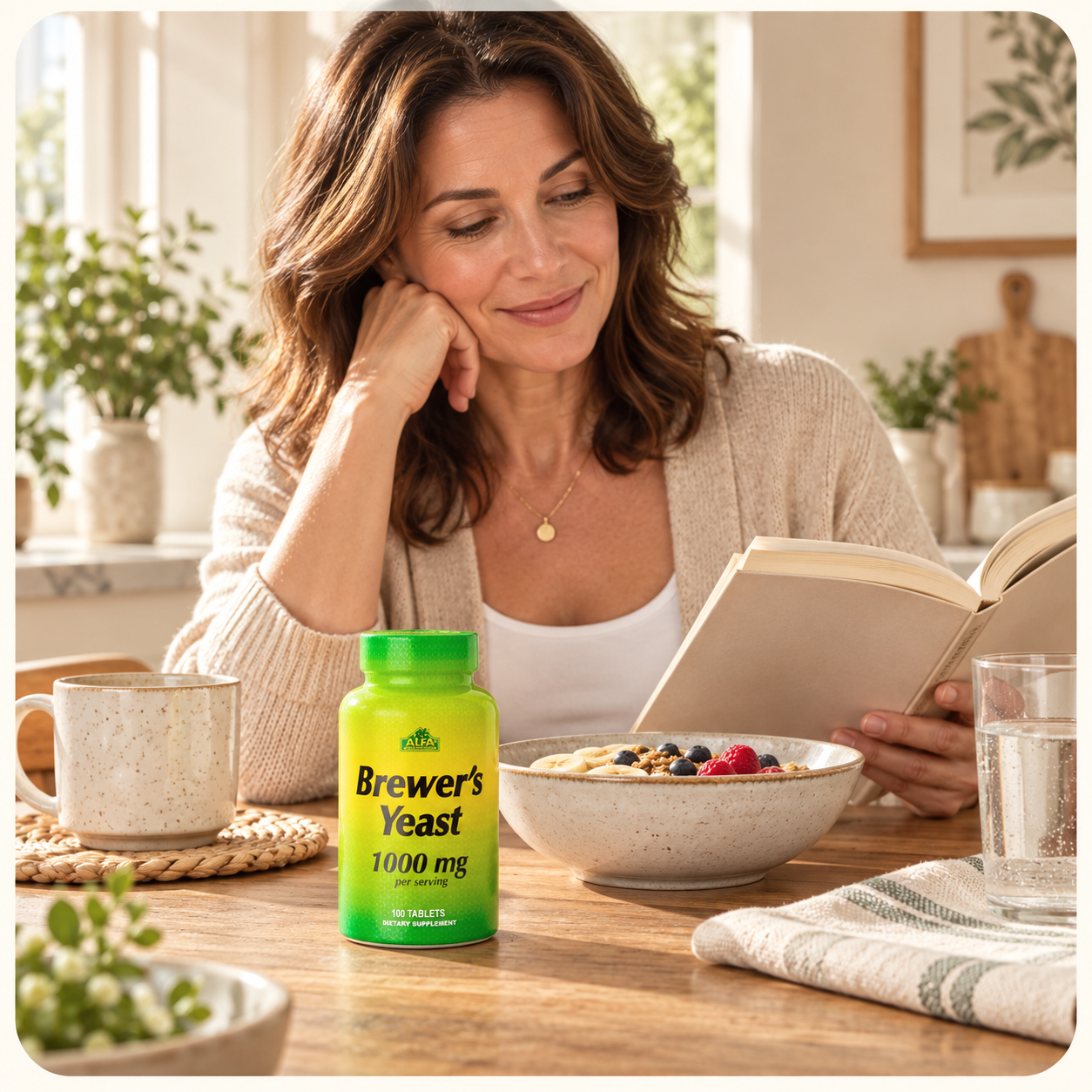 An adult reading at a breakfast table with Brewer’s Yeast nearby.
