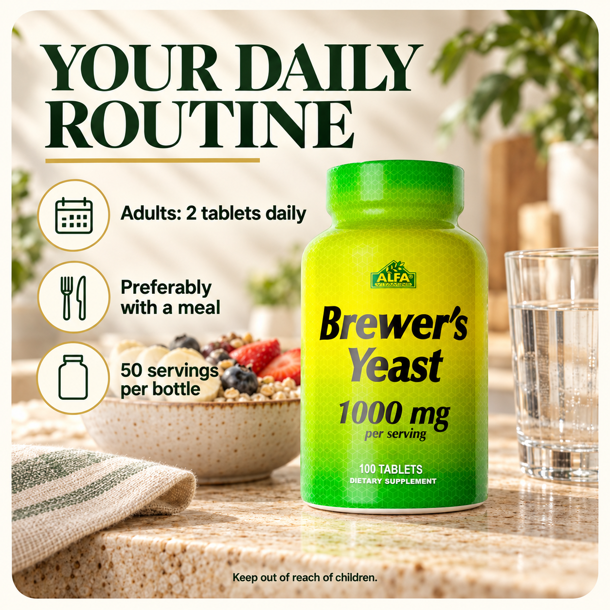 Adults: two tablets daily, preferably with a meal; 50 servings per bottle.