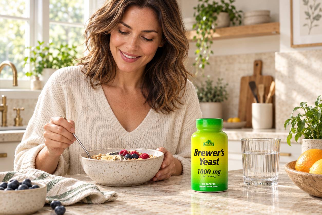 An adult preparing breakfast with Brewer’s Yeast on the kitchen counter.