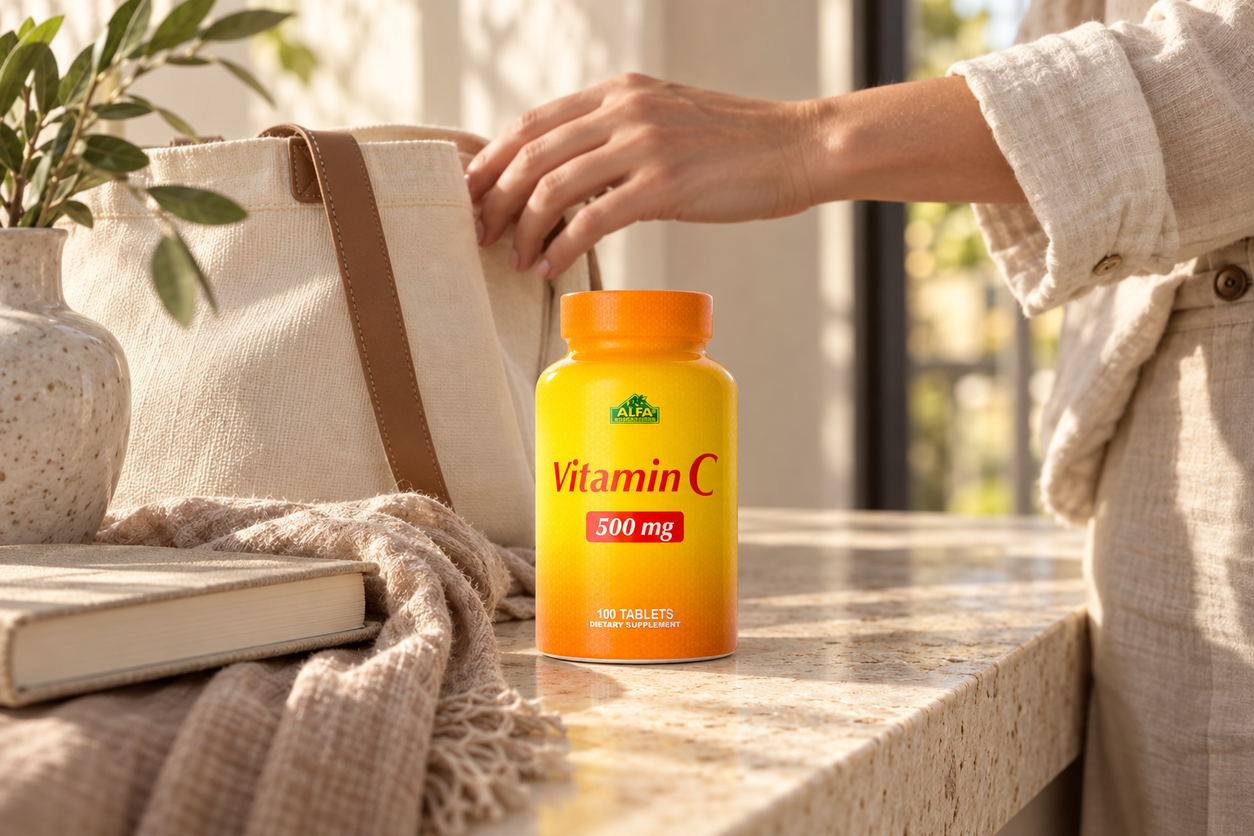 Vitamin C 100 tablets bottle in a natural everyday setting