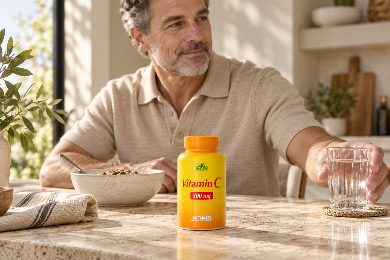 Vitamin C 100 tablets bottle in a sunlit home routine