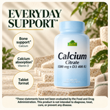 Calcium supports bones; vitamin D supports calcium absorption, with matching disclaimer.