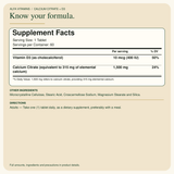 Calcium Citrate + D3 Supplement Facts and ingredients.