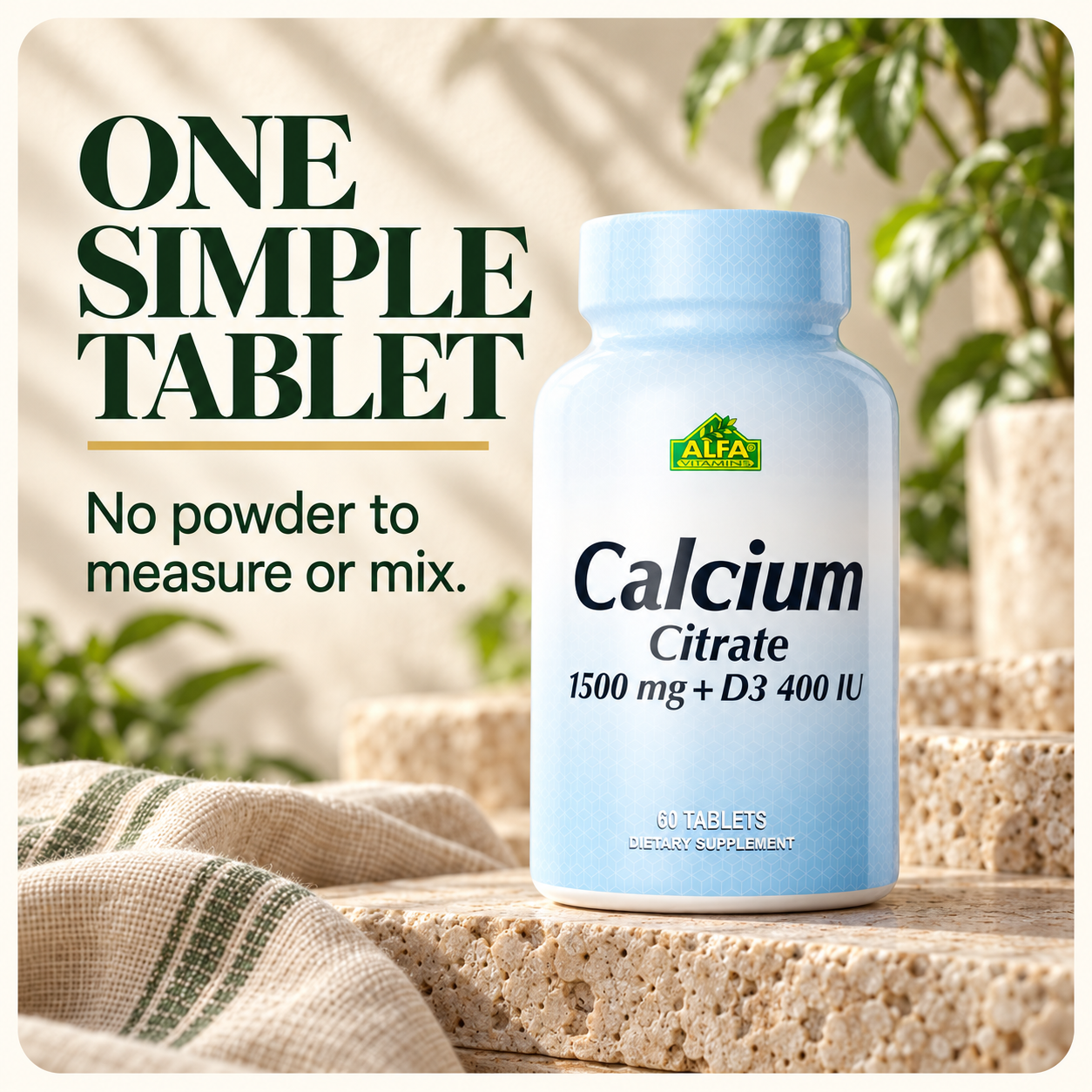 Calcium Citrate tablet format, without powder to mix.