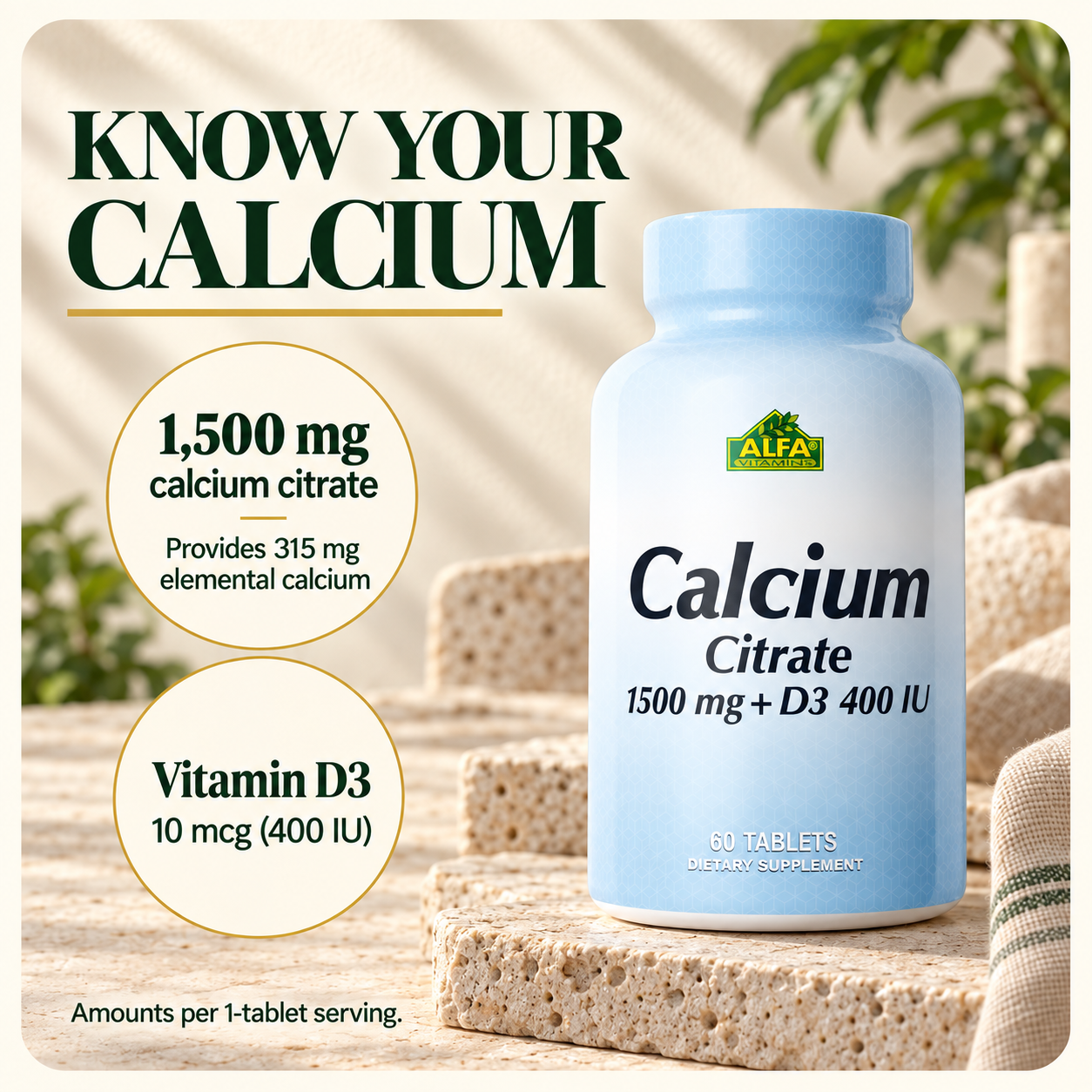 1,500 mg calcium citrate provides 315 mg elemental calcium; vitamin D3 10 mcg per tablet.