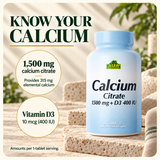 1,500 mg calcium citrate provides 315 mg elemental calcium; vitamin D3 10 mcg per tablet.