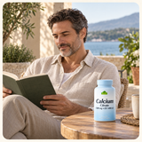 An adult reads on a terrace with Calcium Citrate nearby.