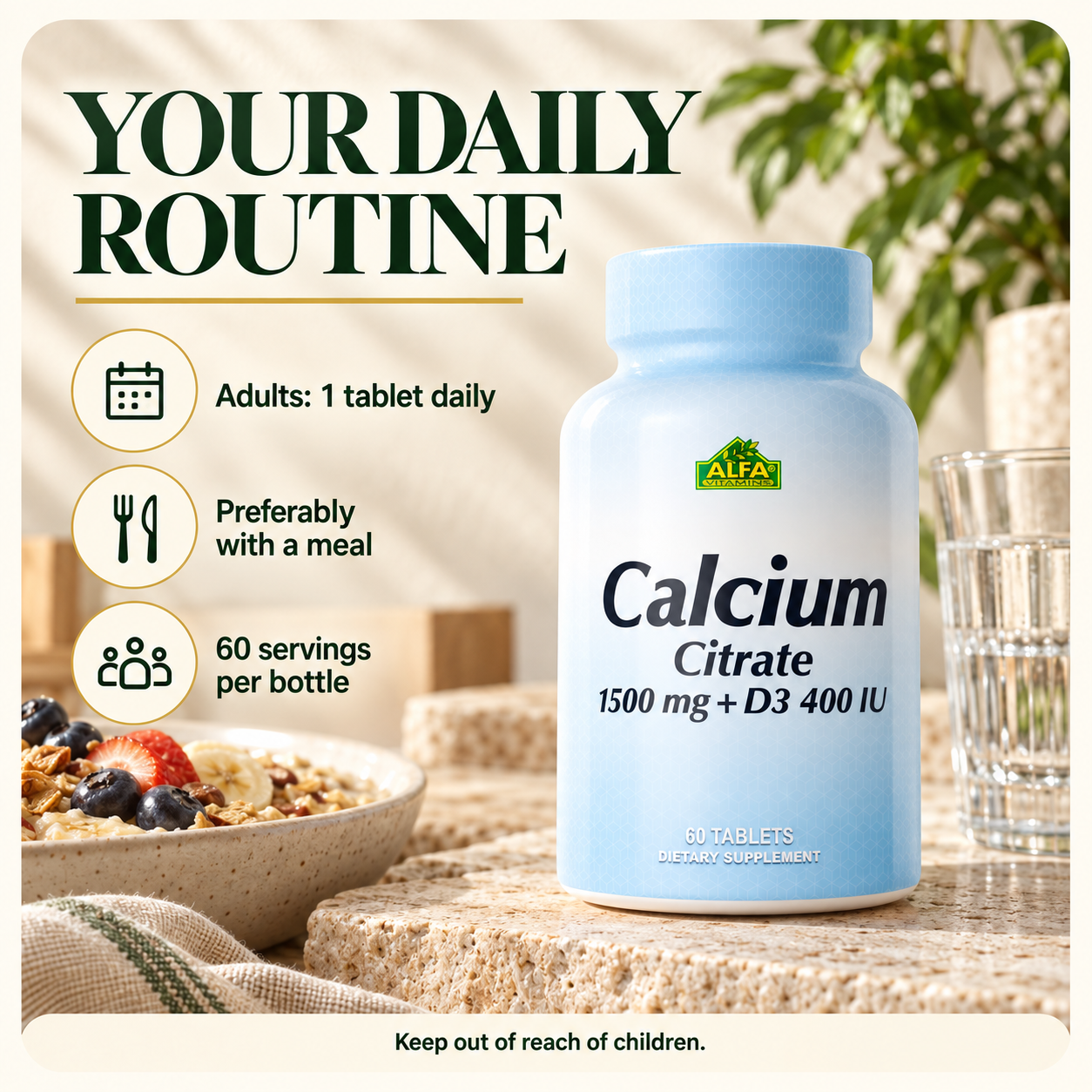 Adults: one tablet daily, preferably with a meal; 60 servings per bottle.