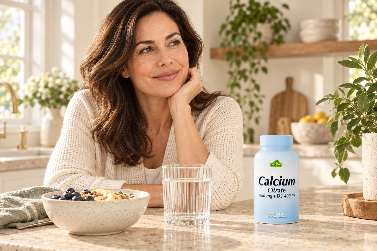 Calcium Citrate on a kitchen counter during a quiet breakfast.