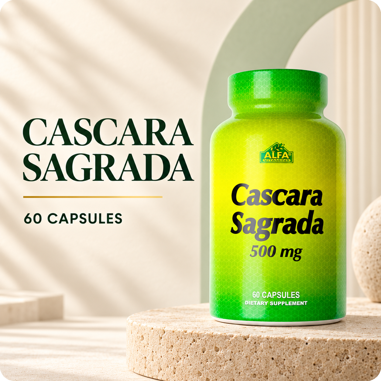 Alfa Vitamins Cascara Sagrada, 60 capsules, in the cream and forest-green brand setting.