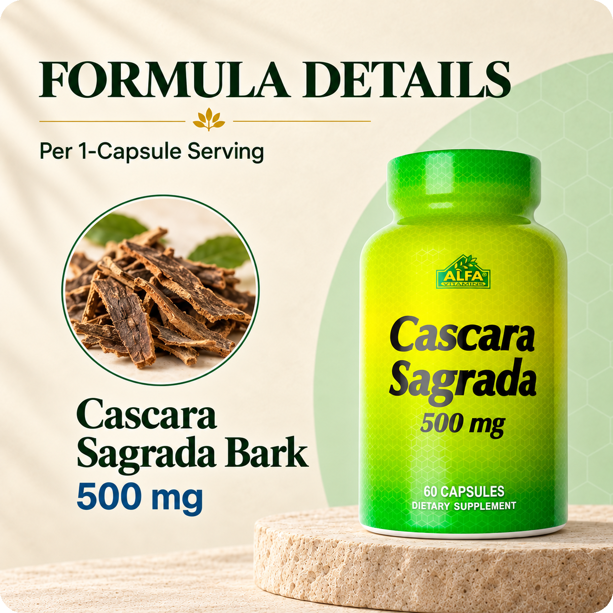 Cascara Sagrada formula details: 500 mg per 1-capsule serving.