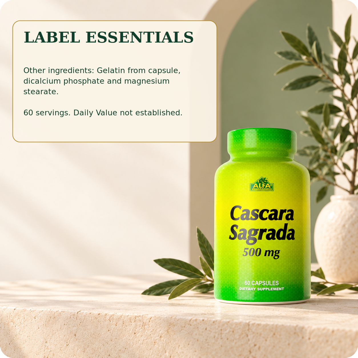 Cascara Sagrada label essentials: 500 mg per capsule, 60 servings, and other ingredients.