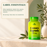 Cascara Sagrada label essentials: 500 mg per capsule, 60 servings, and other ingredients.
