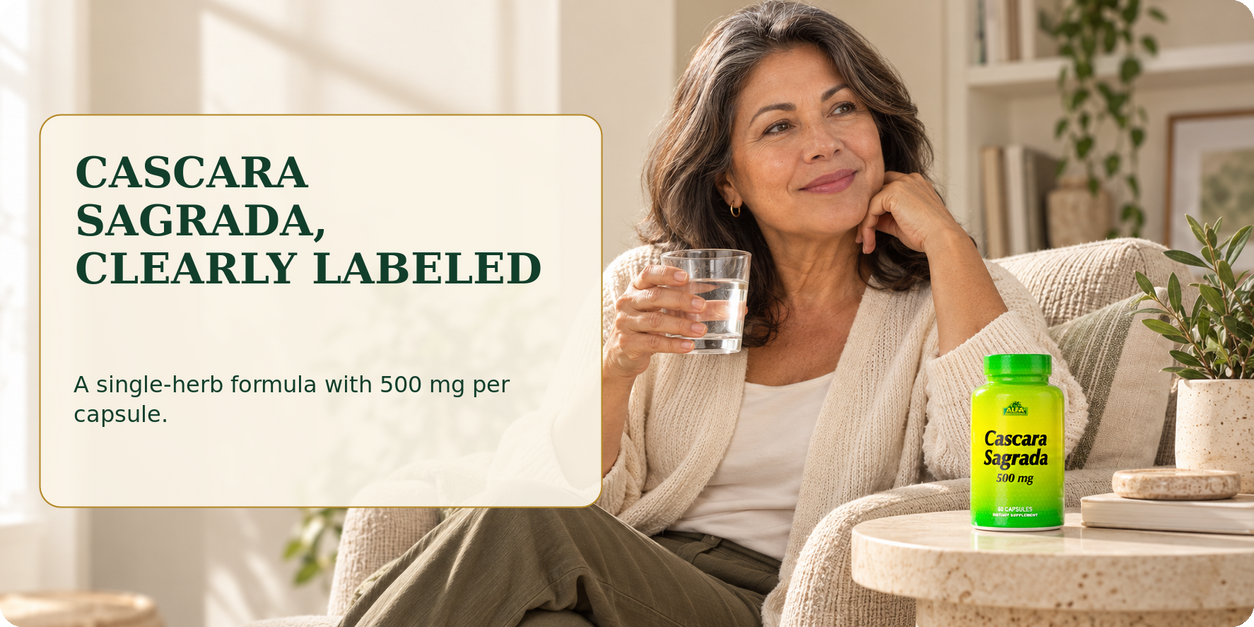 Alfa Vitamins Cascara Sagrada shown in a calm home routine.