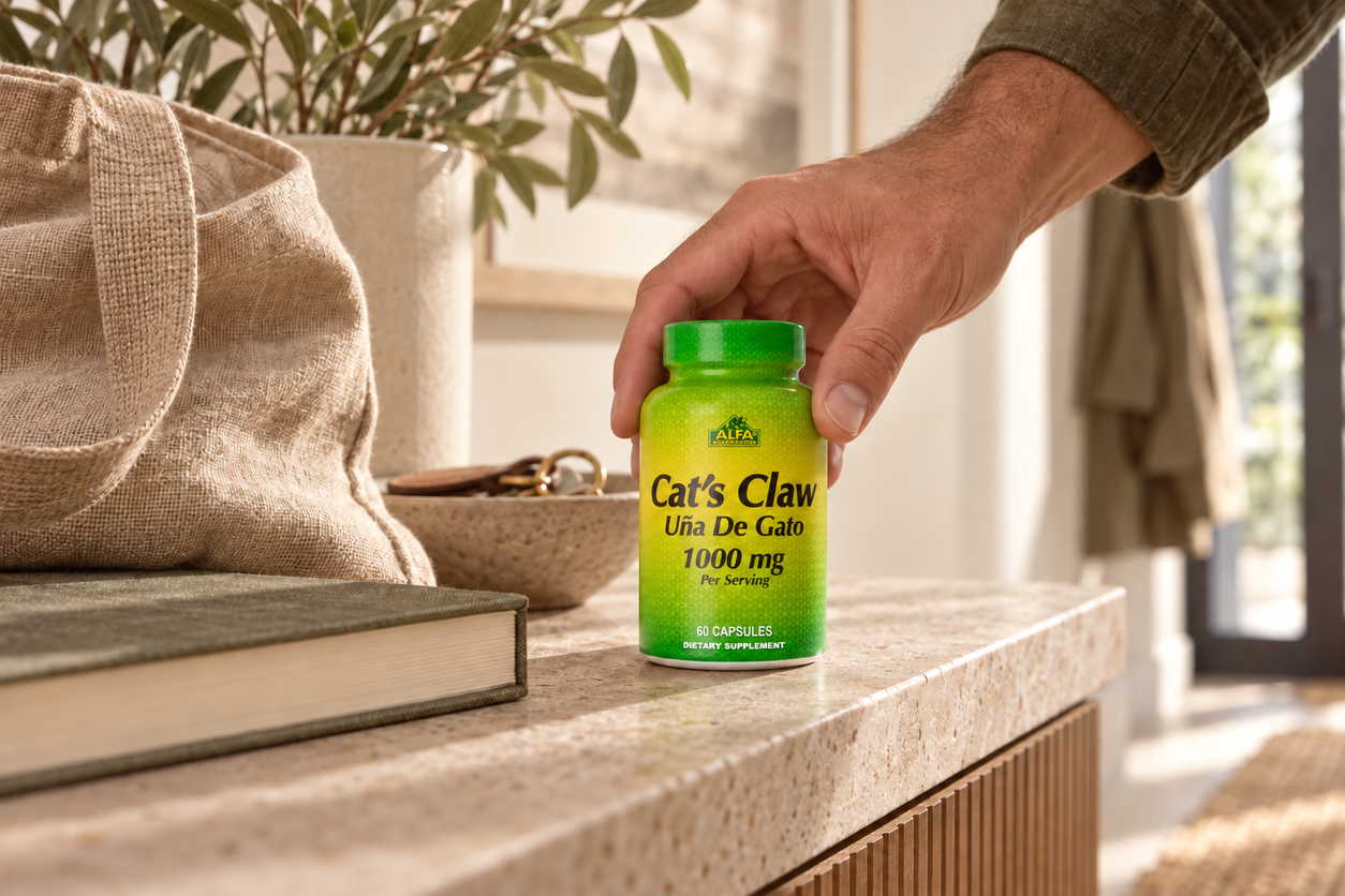 Cat's Claw 1000 mg - 60 capsules closed bottle in a distinct everyday hand-interaction scene