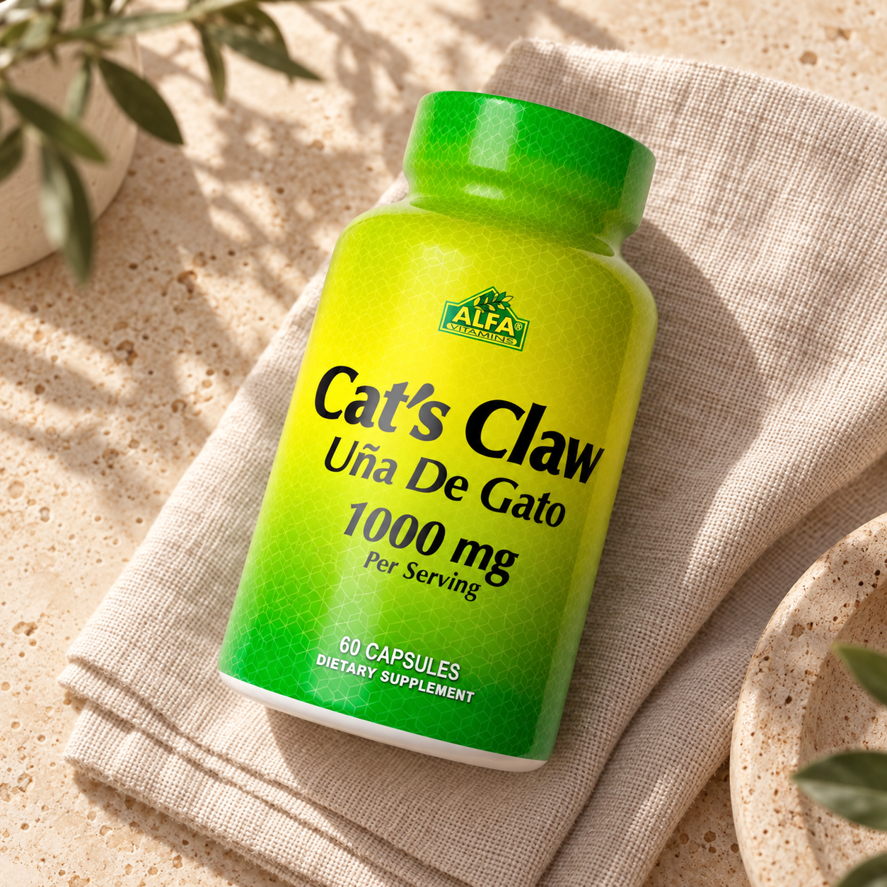 Cat's Claw 1000 mg - 60 capsules authentic front packaging and cap detail on warm linen