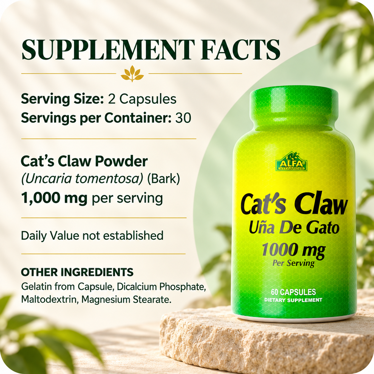 Cat’s Claw Supplement Facts: 1,000 mg bark powder per two-capsule serving. Full serving and ingredient details are in the Supplement Facts section below.