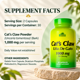 Cat’s Claw Supplement Facts: 1,000 mg bark powder per two-capsule serving. Full serving and ingredient details are in the Supplement Facts section below.