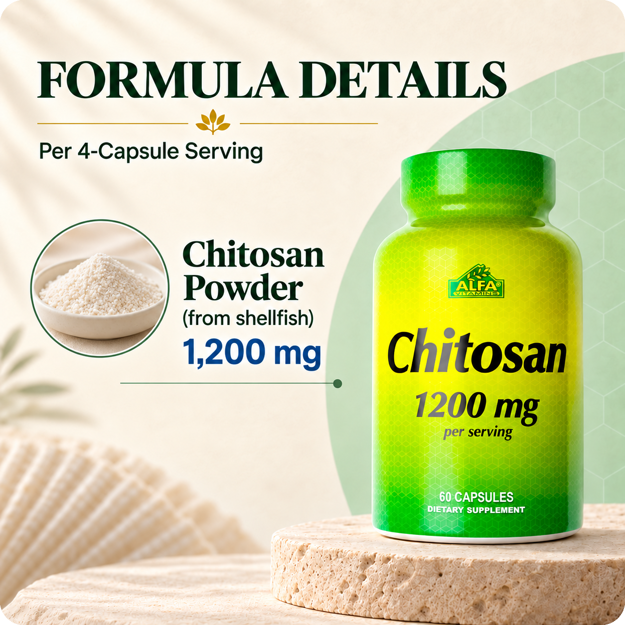 Chitosan formula details: 1,200 mg per 4-capsule serving, from shellfish.