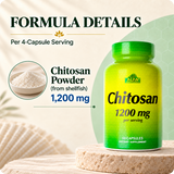 Chitosan formula details: 1,200 mg per 4-capsule serving, from shellfish.