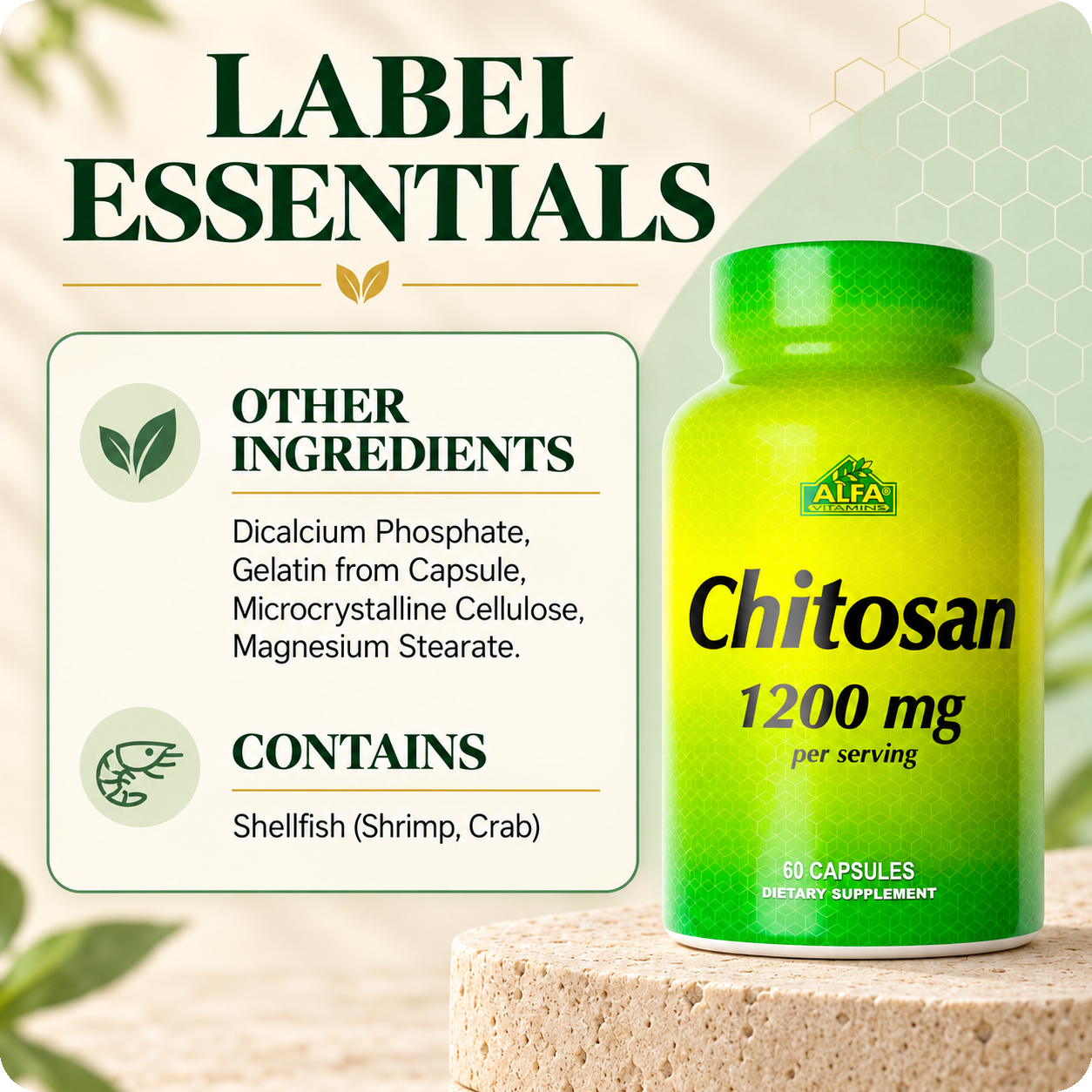 Chitosan other ingredients and shellfish statement.