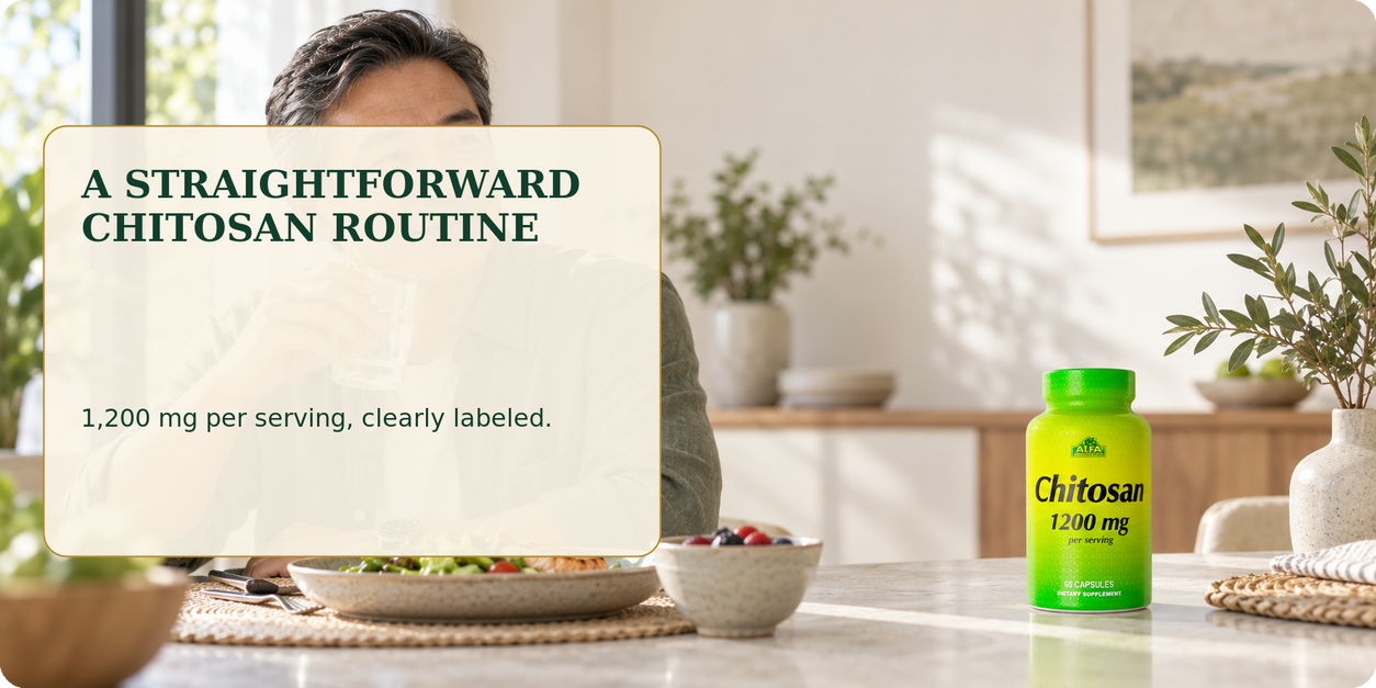 Alfa Vitamins Chitosan shown as part of a mindful mealtime routine.