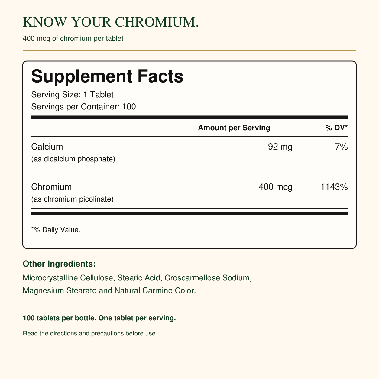 Supplement Facts and ingredients for Chromium Picolinate 400 mcg