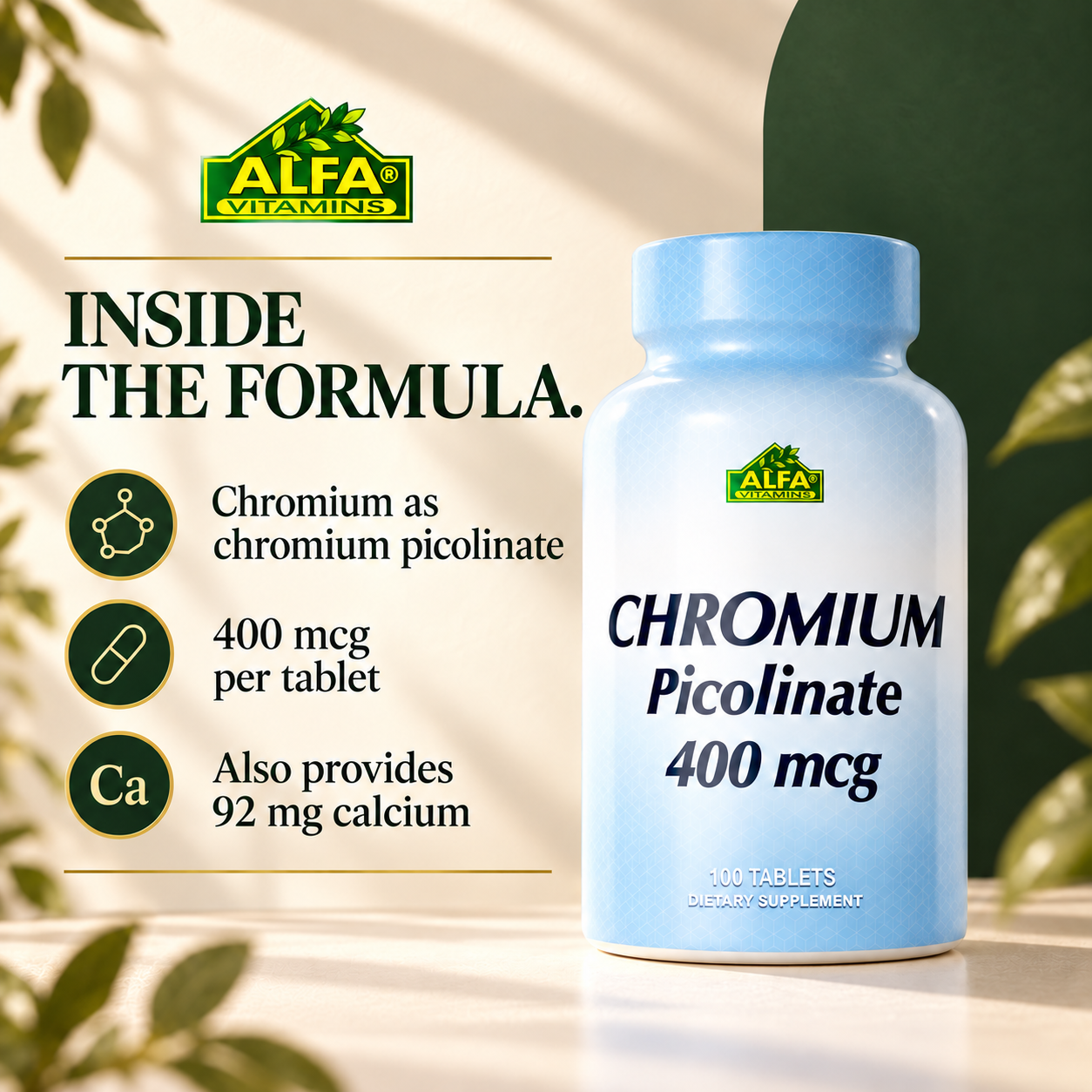 Chromium 400 mcg and calcium 92 mg per tablet