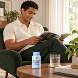 A young male model reading in a sunlit lounge with Alfa Chromium