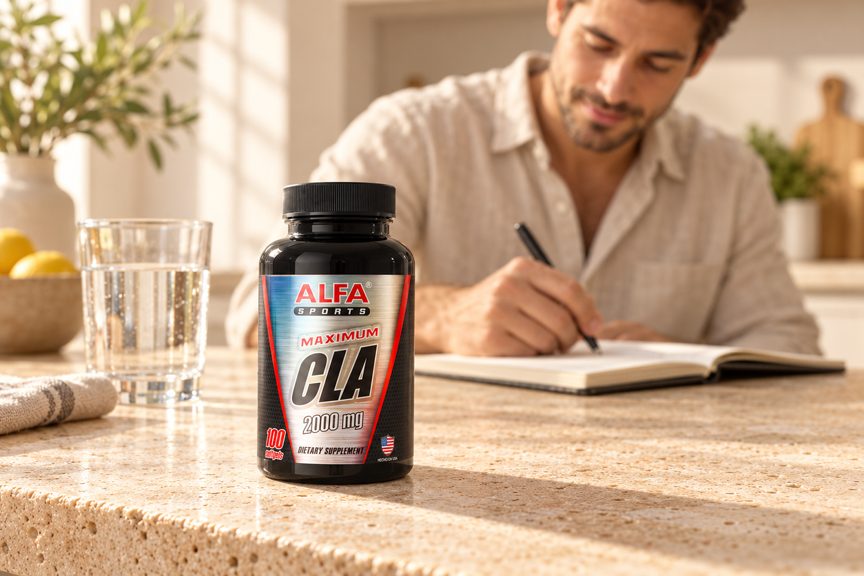 Maximum CLA 2000 mg -  Abs builder -  100 soft gels package in a naturally lit lifestyle scene