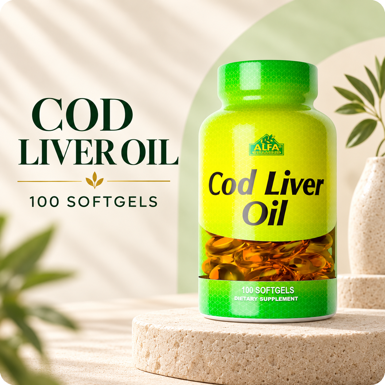 Alfa Vitamins Cod Liver Oil, 100 softgels, in the cream and forest-green brand setting.