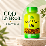 Alfa Vitamins Cod Liver Oil, 100 softgels, in the cream and forest-green brand setting.