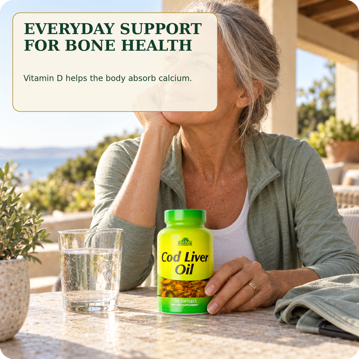 Cod Liver Oil with vitamin D for bone health in a distinct daily routine.