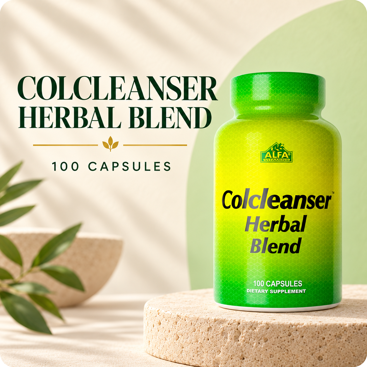 Alfa Vitamins Colcleanser Herbal Blend, 100 capsules, in the cream and forest-green brand setting.